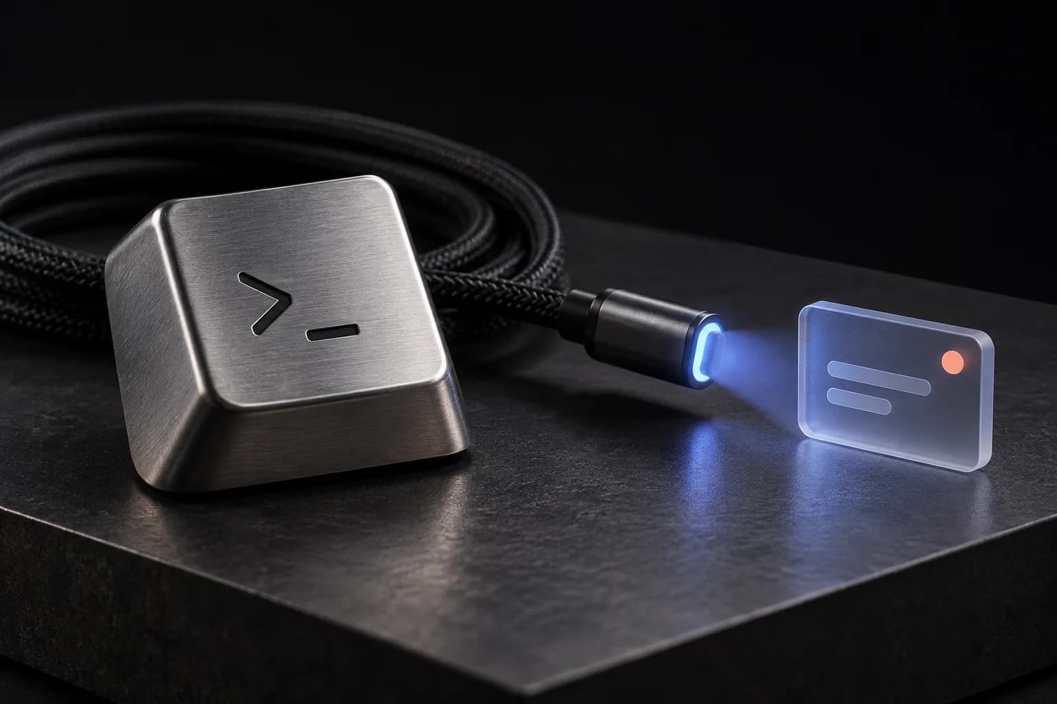 A command key and cable beside a softly illuminated notification tile